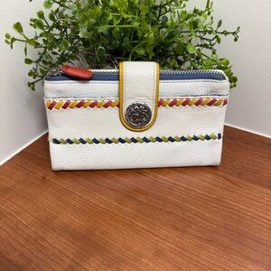 Brighton Leather Wallet White With multicolor Braided band around